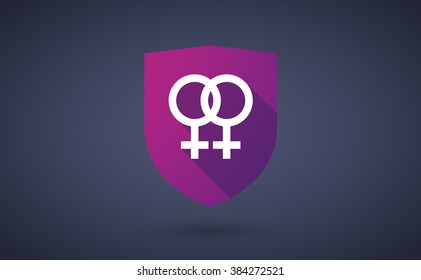 Illustration of a long shadow shield icon with  a lesbian sign