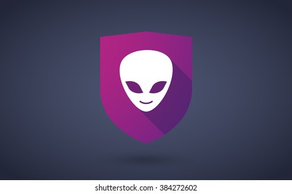 Illustration of a long shadow shield icon with  an alien face