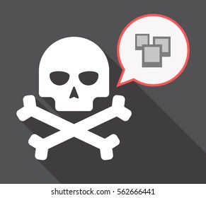 Illustration of a long shadow skull and bones  with a comic balloon and a few photos