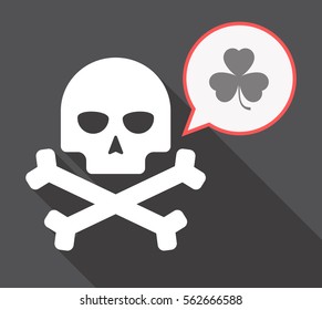 Illustration of a long shadow skull and bones  with a comic balloon and a clover