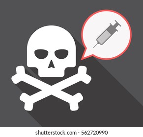 Illustration of a long shadow skull and bones  with a comic balloon and a syringe