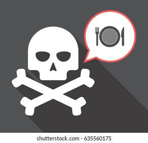 Illustration of a long shadow  skull with a comic balloon and  a dish, knife and a fork icon