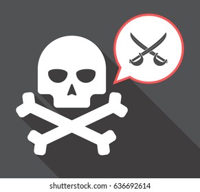 Illustration of a long shadow  skull with a comic balloon and  two swords crossed