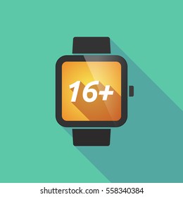 Illustration of a long shadow smart watch with    the text 16+