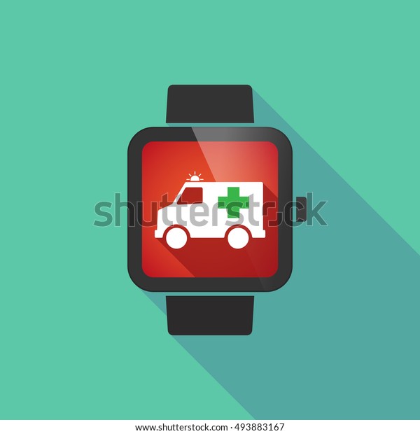 Illustration of a long shadow smart watch with  an\
ambulance icon