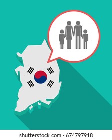 Illustration of a long shadow South Korea map, his flag and a comic balloon with a conventional family pictogram