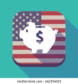 Illustration of a long shadow square app button with the United States of America flag and a piggy bank