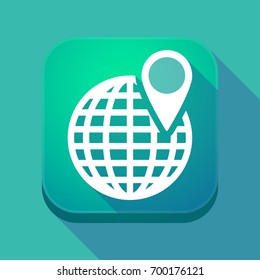 Illustration of a long shadow square applicatio button with a world globe