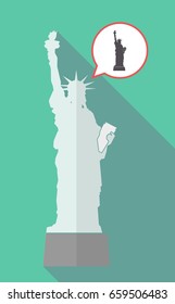Illustration of a long shadow statue of liberty with a comic balloon and  the Statue of Liberty 