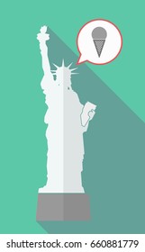 Illustration of a long shadow statue of libety with a comic balloon and a cone ice cream