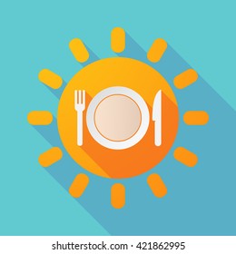 Illustration of a long shadow sun with  a dish, knife and a fork icon