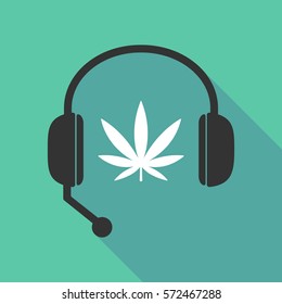 Illustration of a long shadow  teleoperator  hands free headphones with a marijuana leaf