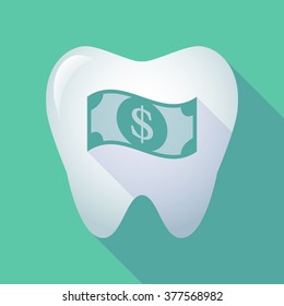 Illustration of a long shadow tooth icon with a dollar bank note