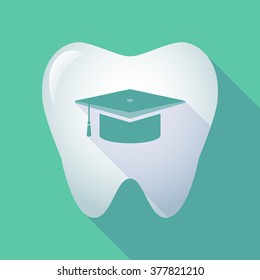 Illustration of a long shadow tooth icon with a graduation cap