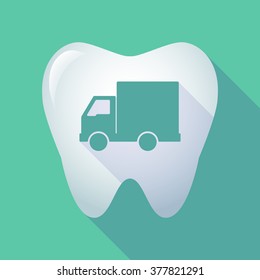 Illustration of a long shadow tooth icon with a  delivery truck