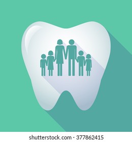 Illustration of a long shadow tooth icon with a large family  pictogram