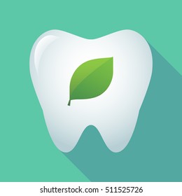 Illustration of a long shadow tooth icon with a green  leaf