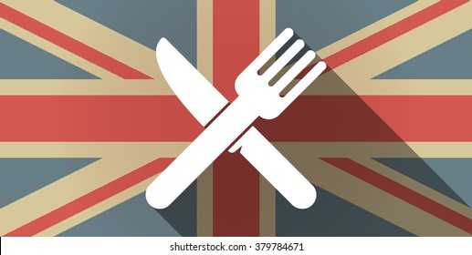 Illustration of a long shadow UK flag icon with a knife and a fork