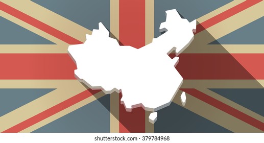 Illustration of a long shadow UK flag icon with  a map of China