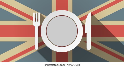Illustration of a long shadow UK flag icon with  a dish, knife and a fork icon