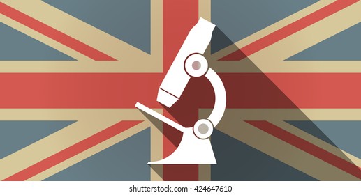 Illustration of a long shadow UK flag icon with  a microscope icon
