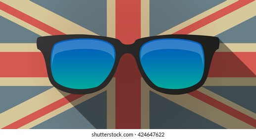 Illustration of a long shadow UK flag icon with  a sunglasses icon