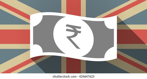 Illustration of a long shadow UK flag icon with  a rupee bank note icon
