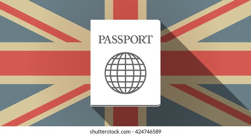 Illustration of a long shadow UK flag icon with  a passport