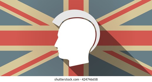 Illustration of a long shadow UK flag icon with  a male punk head silhouette