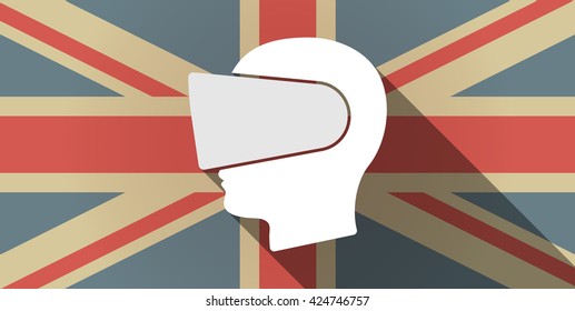 Illustration of a long shadow UK flag icon with  a male head wearing a virtual reality headset