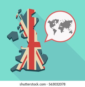Illustration of a long shadow UK  map and its flag with a comic balloon and a world map