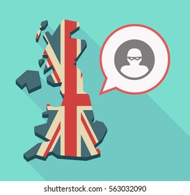 Illustration of a long shadow UK  map and its flag with a comic balloon and a thief