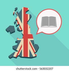 Illustration of a long shadow UK  map and its flag with a comic balloon and a book