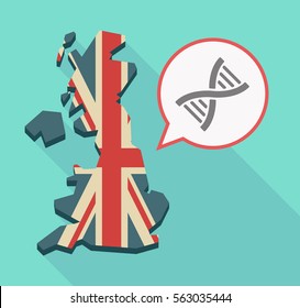 Illustration of a long shadow UK  map and its flag with a comic balloon and a DNA sign
