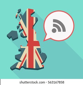 Illustration of a long shadow UK  map and its flag with a comic balloon and an RSS sign