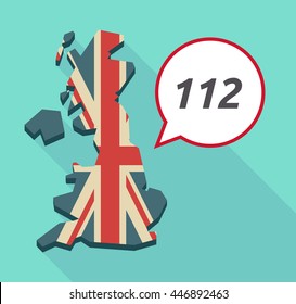 Illustration of a long shadow United Kingdom map and a comic balloon with    the text 112