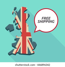 Illustration of a long shadow United Kingdom map and a comic balloon with    the text FREE SHIPPING