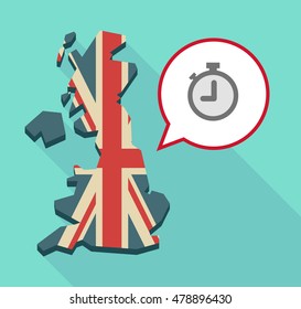 Illustration of a long shadow United Kingdom map with a comic balloon and a timer