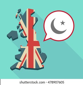 Illustration of a long shadow United Kingdom map with a comic balloon and an islam sign