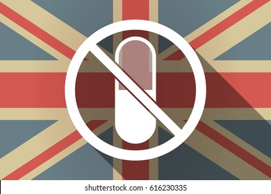 Illustration of a long shadow United Kingdom flag with  a pill  in a not allowed signal 