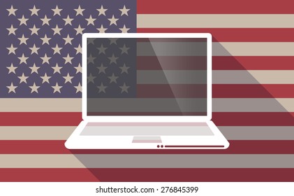 Illustration of a long shadow USA flag icon with a laptop