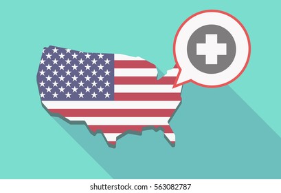 Illustration of a long shadow USA  map and its flag with a comic balloon and a round pharmacy sign