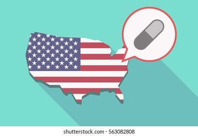 Illustration of a long shadow USA  map and its flag with a comic balloon and a pill