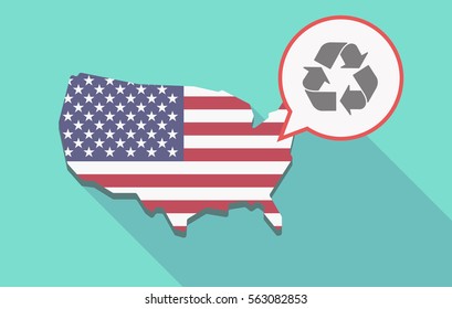 Illustration of a long shadow USA  map and its flag with a comic balloon and a recycle sign