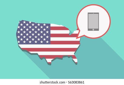 Illustration of a long shadow USA  map and its flag with a comic balloon and a smart phone