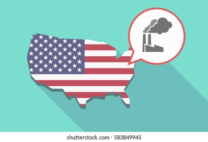 Illustration of a long shadow USA map, its flag and a comic balloon with a factory