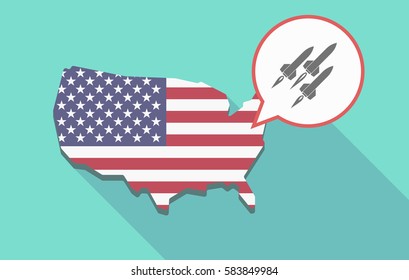 Illustration of a long shadow USA map, its flag and a comic balloon with missiles