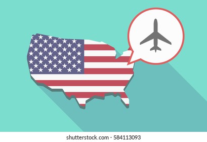 Illustration of a long shadow USA map, its flag and a comic balloon with a plane