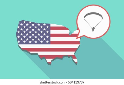Illustration of a long shadow USA map, its flag and a comic balloon with a paraglider