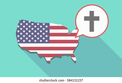 Illustration of a long shadow USA map, its flag and a comic balloon with a christian cross